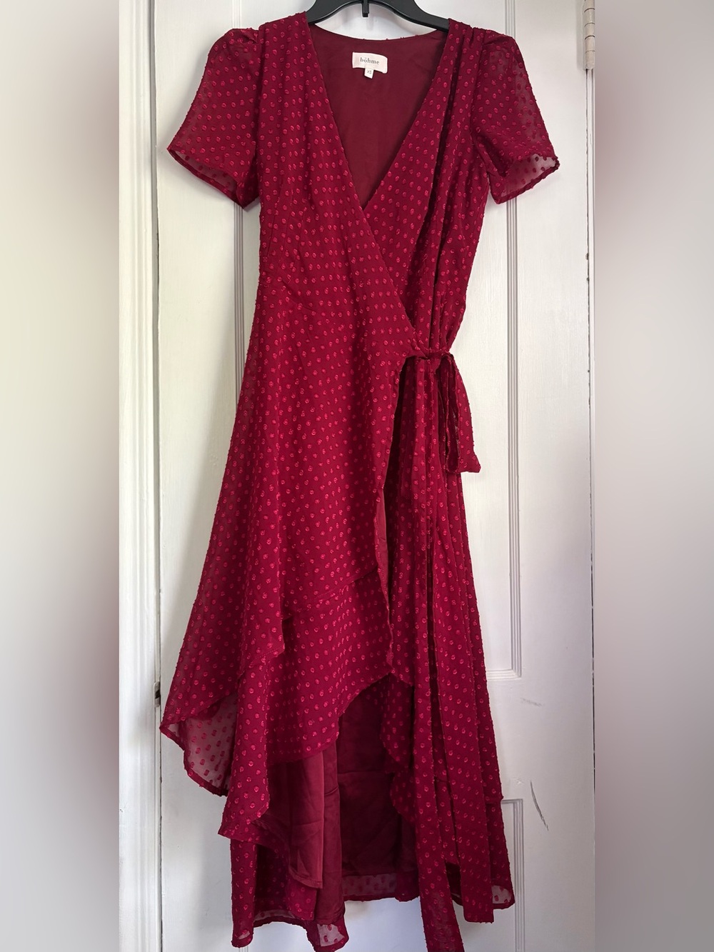 Boheme Boho Swiss Dot High-Low Wrap Midi Dress – Berry Red, Sz: X Small